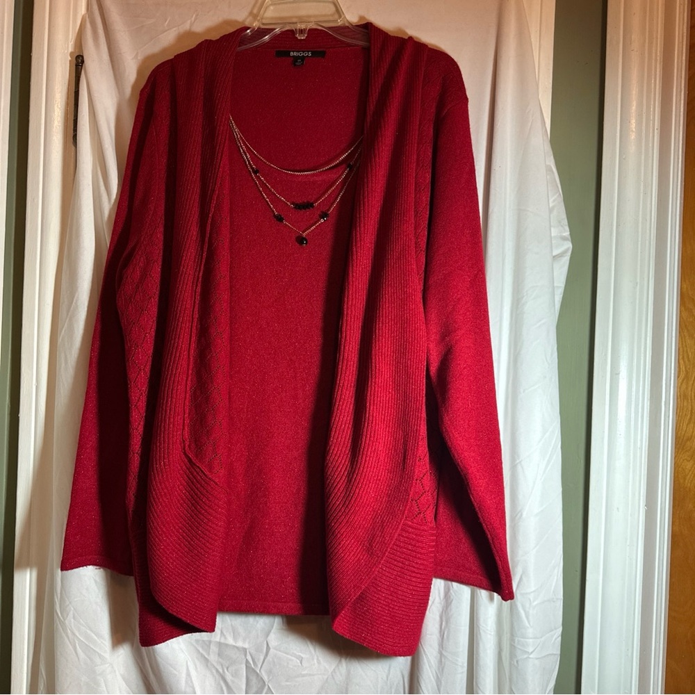 Briggs Red Metallic Open Front Cardigan Built In Sweater Necklace 2XL